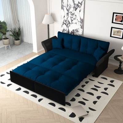 Annandale Blue 74.8" 3 - In 1 Multi Functional Sleeper Bed, Velvet With 2 Soft Pillows, Structure, Suitable For Living Room Queen Convertible Bed Blue, Comfortable Support, Superior Build, Any Scene, Easy To