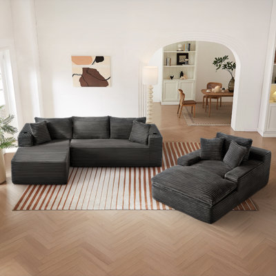 3-piece No-assembly Living Room Set, Plush Corduroy Modern Sectional Sofa With Loveseat And Chaise Lounge by Mercer41