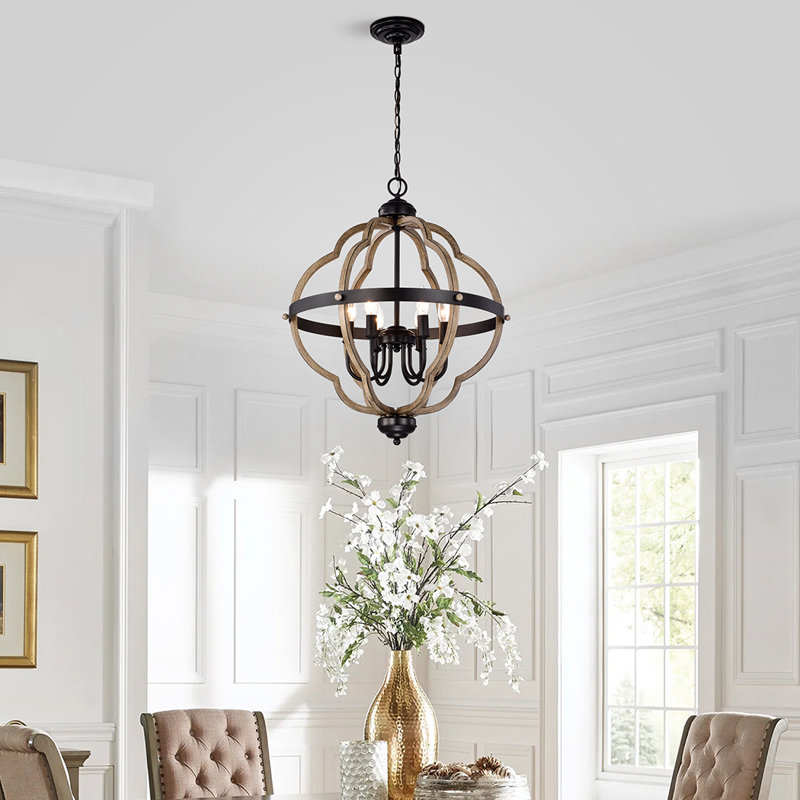 Tiverton 6 - Light Dimmable Lantern Geometric Chandelier, Antique Wood
