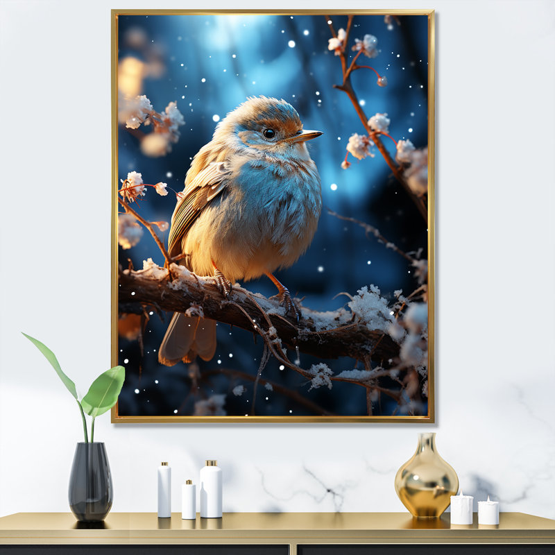 Oiseau bleu en hiver, sérénité I - oiseau, art mural, Cadre flottant doré, H 20 po x l 12 po