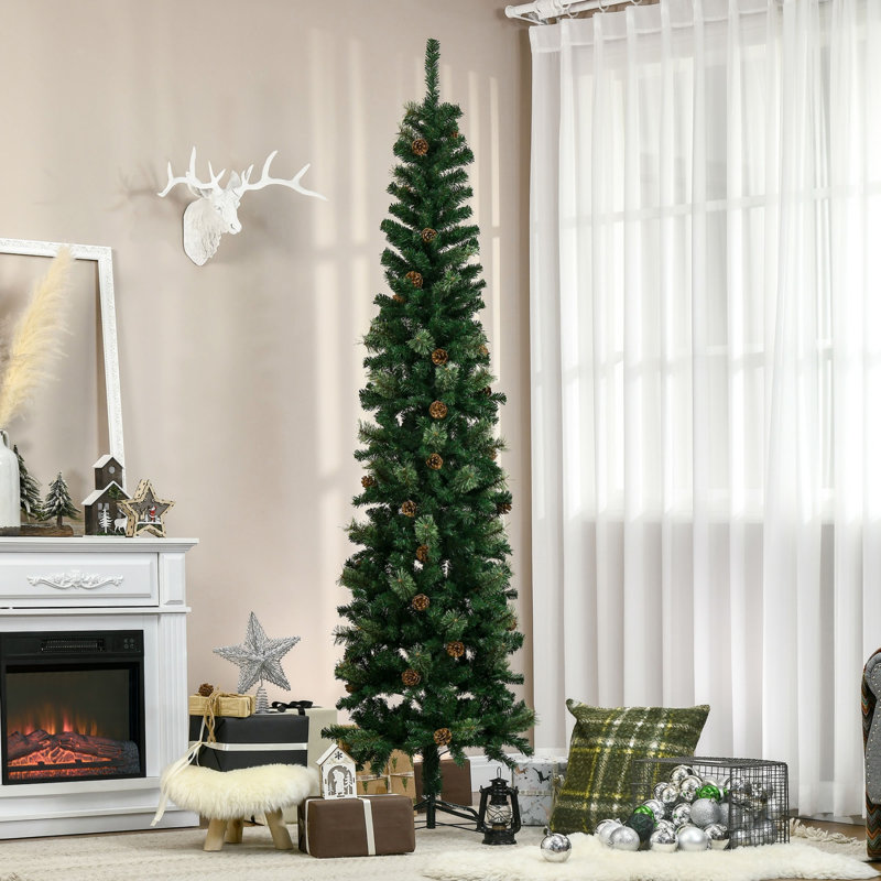 Arbre de Noël artificiel 7,5 pi, aiguilles de pin minces avec branches réalistes et pommes de pin, base en métal, vert