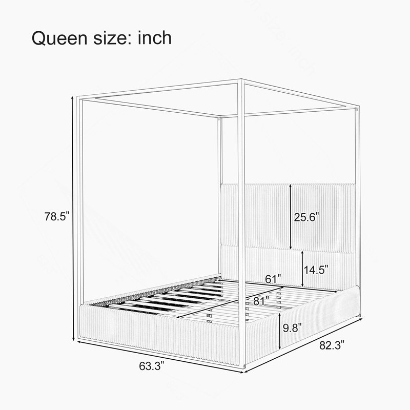 Metal Canopy Bed With Upholstered Headboard And Four Poster, White, Queen