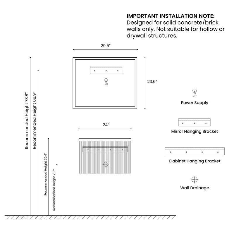 Ensemble de meuble-lavabo mural pré-assemblé avec comptoir avec trop-plein 24 po Hannemarie, Noyer, 24", Matte White