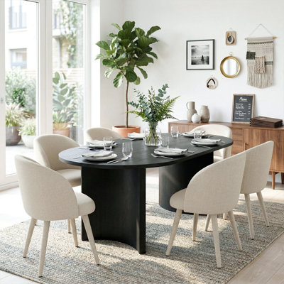 7-Piece Modern Oval Dining Table Set For 6 With Black Pedestal Base And 6 Upholstered Barrel Dining Chairs