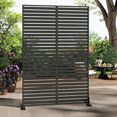 Freestanding Metal Outdoor Privacy Screen with Stand, 47 x 72 in Decorative Garden/Patio Room Divider Panel - Rustproof Galvanized Steel - Black - Louver Slat