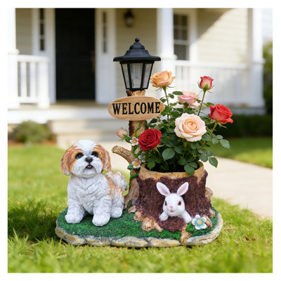 Statue de lanterne solaire pour chien - décoration de jardin extérieur avec lumière chaude - figurine de chiot en résine résistante aux intempéries - pot de fleur inclus - ornement de pelouse de patio brun