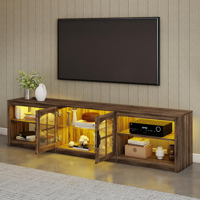 78'' Farmhouse TV Stand with LED Light & Storage Shelves to Fit up to 85" TVs,Dark Oak Wood TV Console with Glass Doors For Living Room