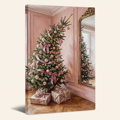 Arbre vert avec rubans roses dans une pièce rose, art mural sur toile de Noël