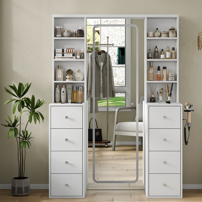 vanity Desk With Full Length LED Mirror, 3 Lighting Modes, Makeup vanity With Power Outlet, 8 Drawers vanity Table , Makeup Table With Shelves