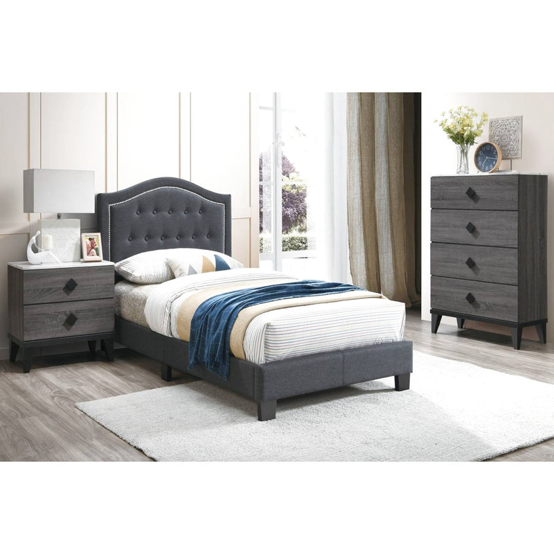 Cadre de lit simple avec tête de lit en jute gris anthracite et support moyen, Twin