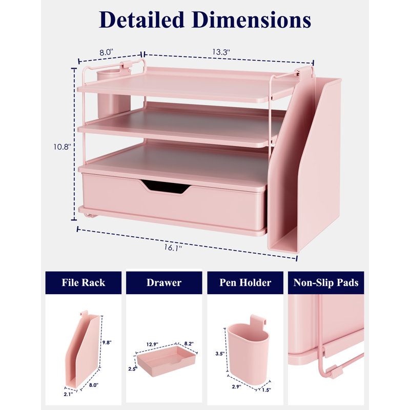 Desk Organizer - 4-Tier Office Desk Accessories with Drawer ＆ Pen Holder, Tool-Free Assembly Organizer with Non-Slip Pads, for Office Supplies Storage, Plastic, 13.3" x 8.0" x 10.8", Pink