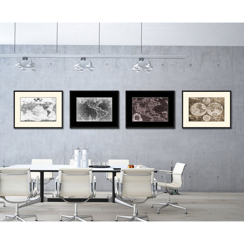 Reproduction de carte antique sur toile World World avec cadre personnalisé noir, 16 x 21
