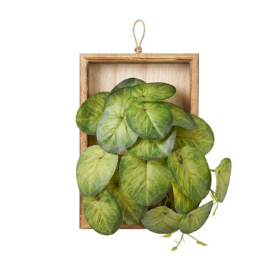 Artificial Heart Leaf Trailing Greenery in Wooden Frame, Faux Pothos Wall Hanging Plant for Indoor Farmhouse Wall & Shelf Decor