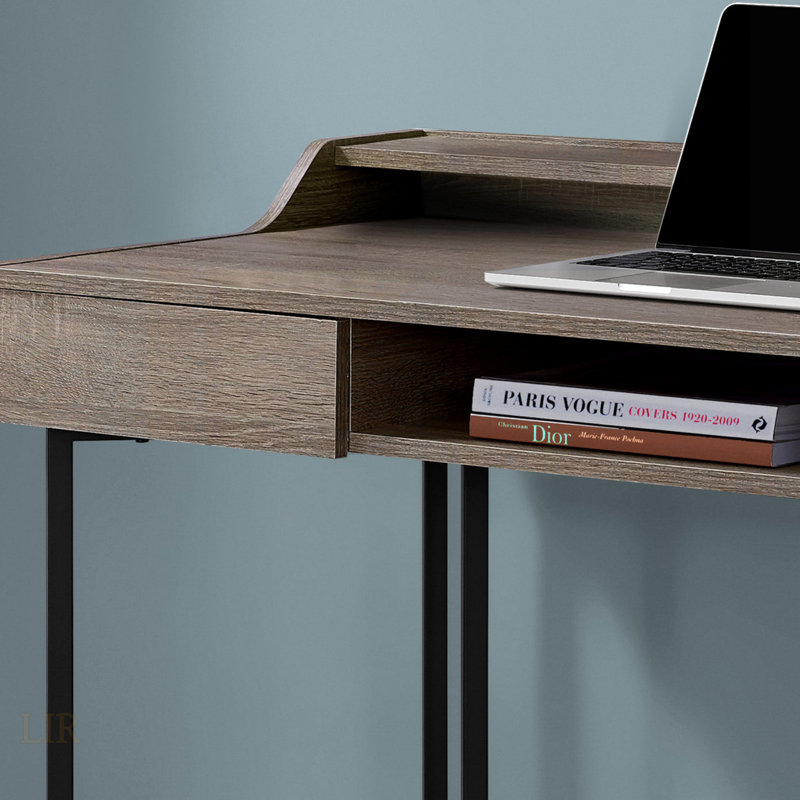 Modern Contemporary Laptop Computer Desk With Storage Drawers And Open Cubbies, Ideal For Home Office Work In Small Spaces.