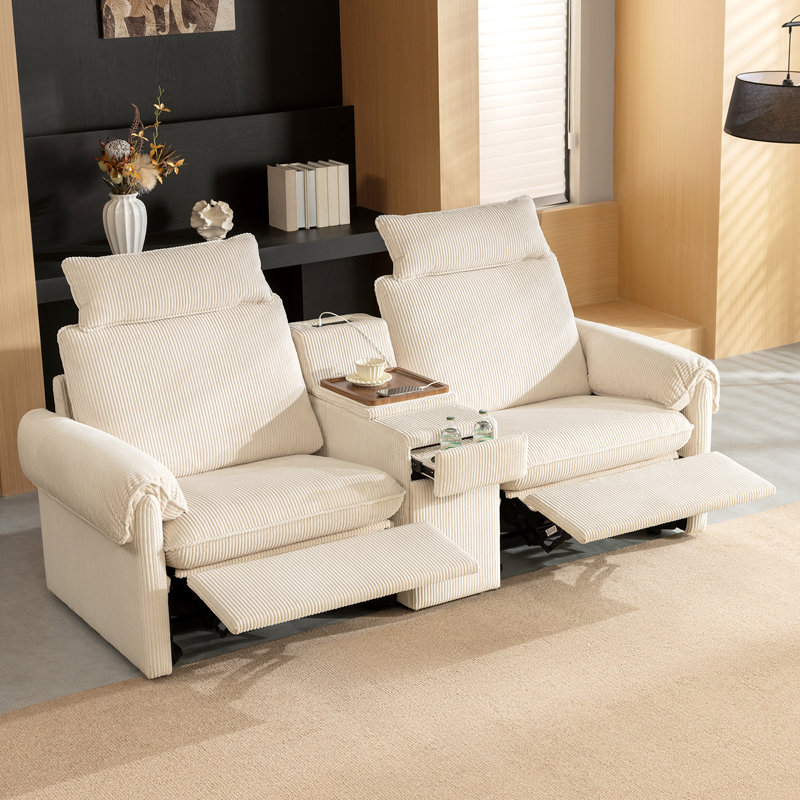 Causeuse inclinable 2 places avec console, canapé en velours côtelé avec charge USB, porte-gobelets et plateau de rangement, blanc
