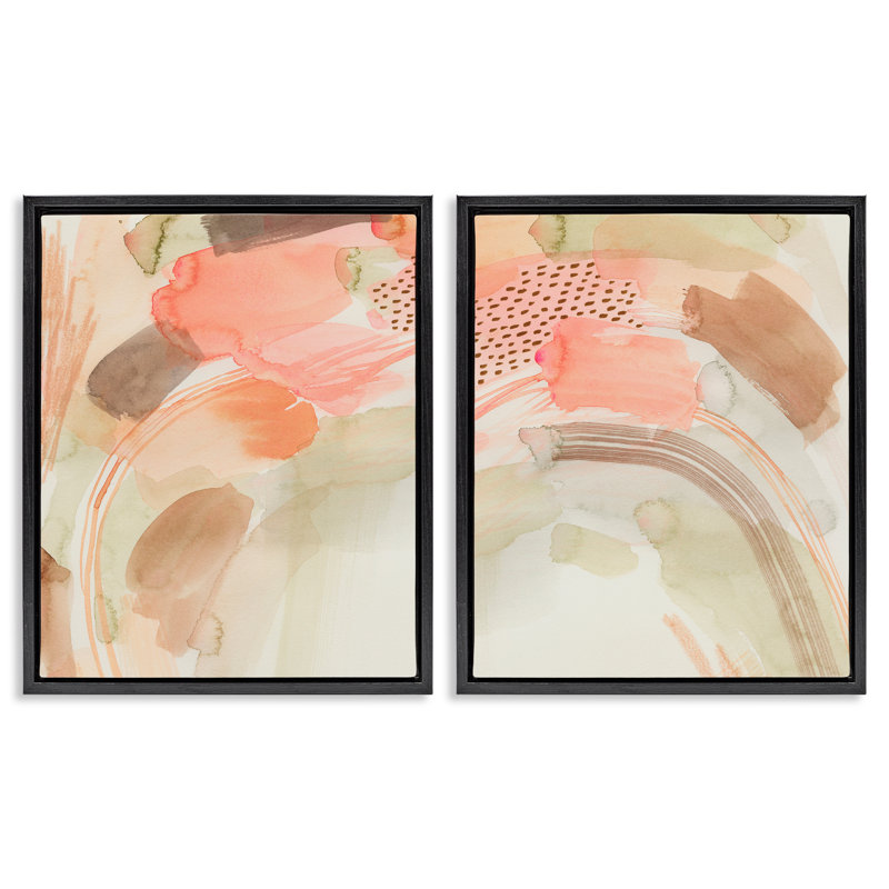 "Pink Peach", aquarelle abstraite, ensemble de 2 toiles flottantes encadrées par Grace Popp, Cadre flottant noir de jais