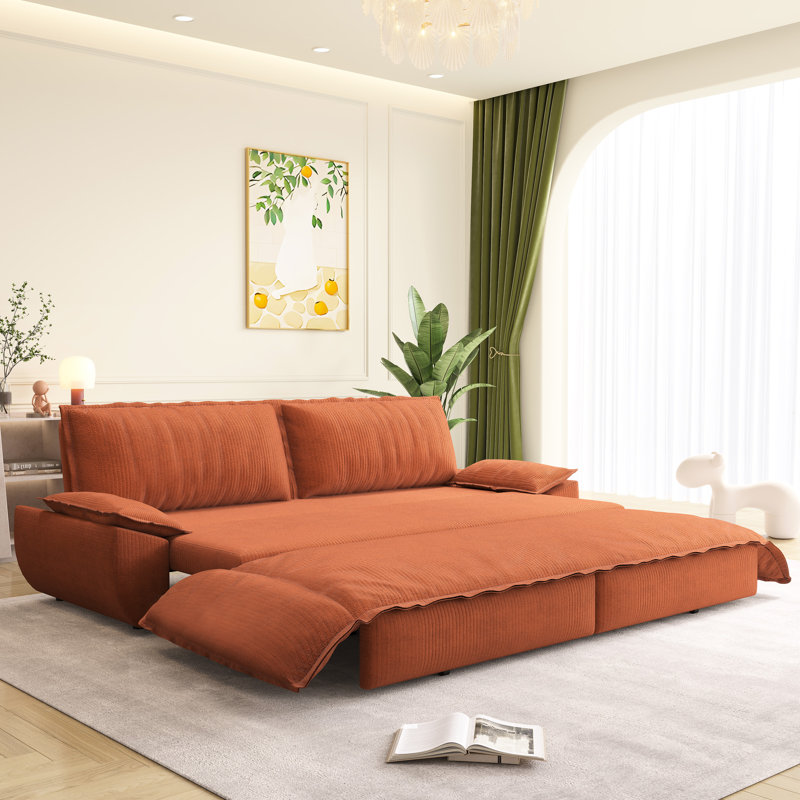Lit gigogne orange Queen de 73,2 pouces, convertible en 31 pouces, lit pliant en acier et velours côtelé, idéal pour une utilisation familiale.