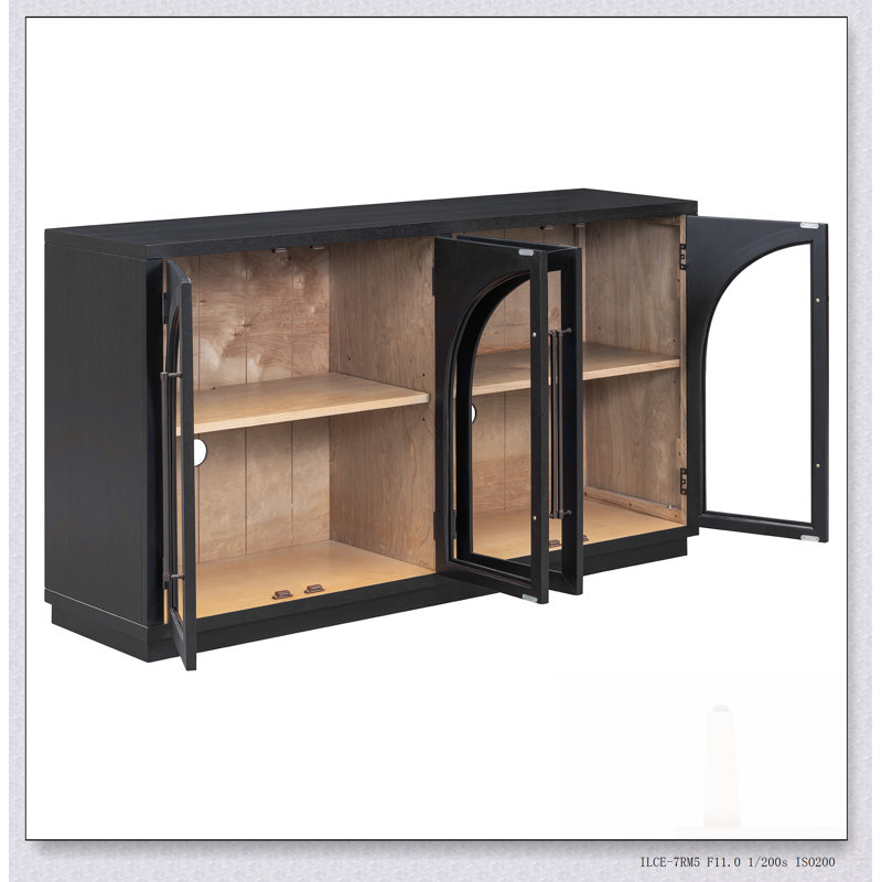 Grande armoire-buffet à 4 portes avec portes en verre, conception arquée et tablettes réglables pour une utilisation polyvalente à la maison