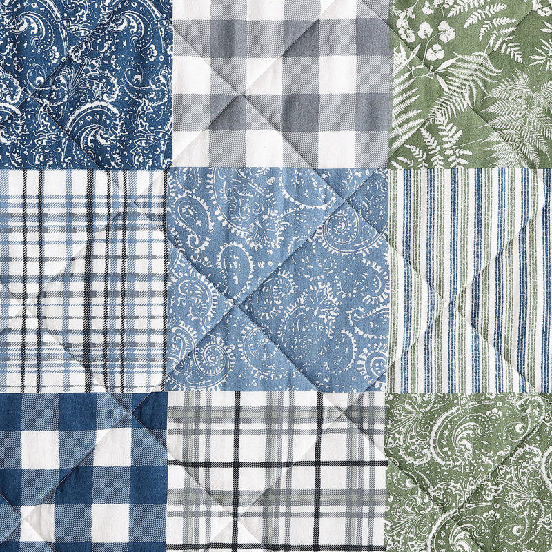 Blue Cotton Twin Reversible Patchwork Quilt Set