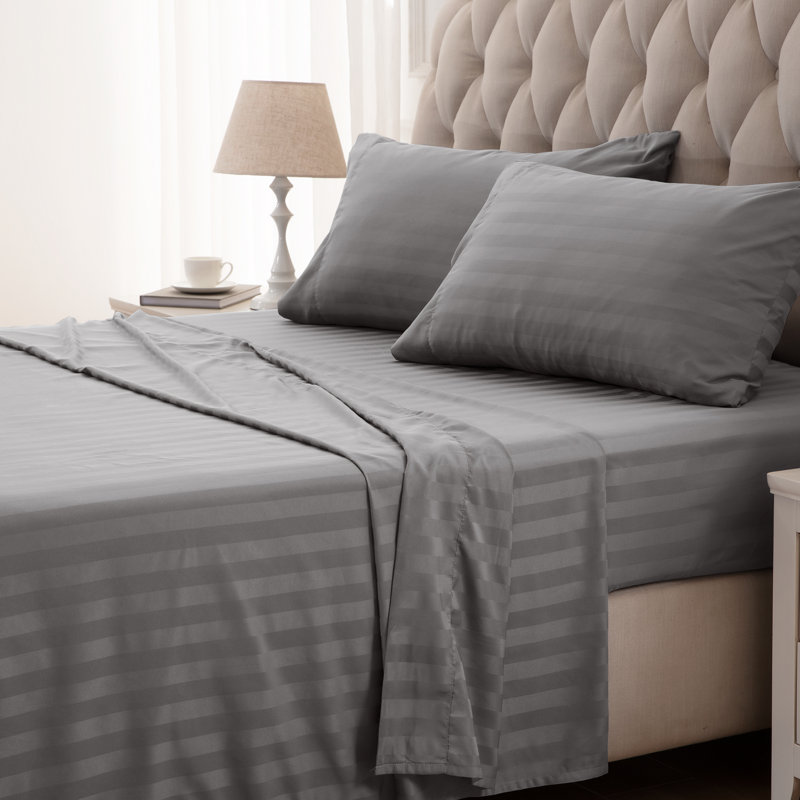 Sateen Striped Sheet Set, Full/Double Sheet Set+Fitted Sheet+2 Pillowcases, Gull Gray