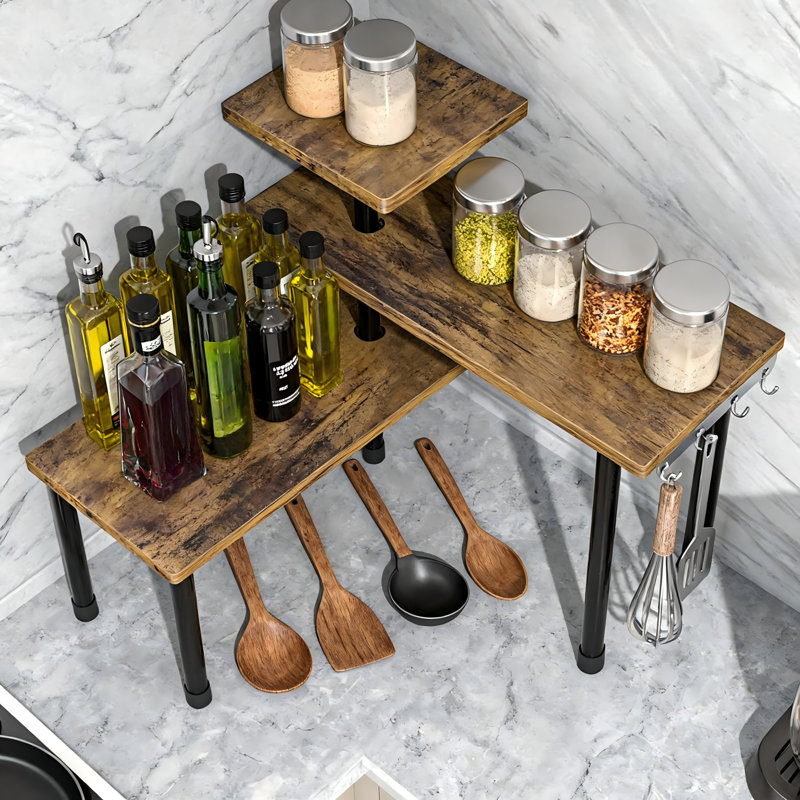 Corner shelf,Moveable Corner Shelf Organizer for Kitchen, Bathroom, Spice Rack, Coffee Area, Over Sink, Dresser Table (Rustic Brown)