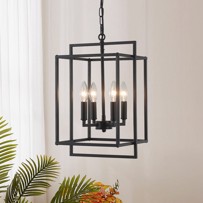 4 - Light Dimmable  Lantern Rectangle Chandelier, Matte Black