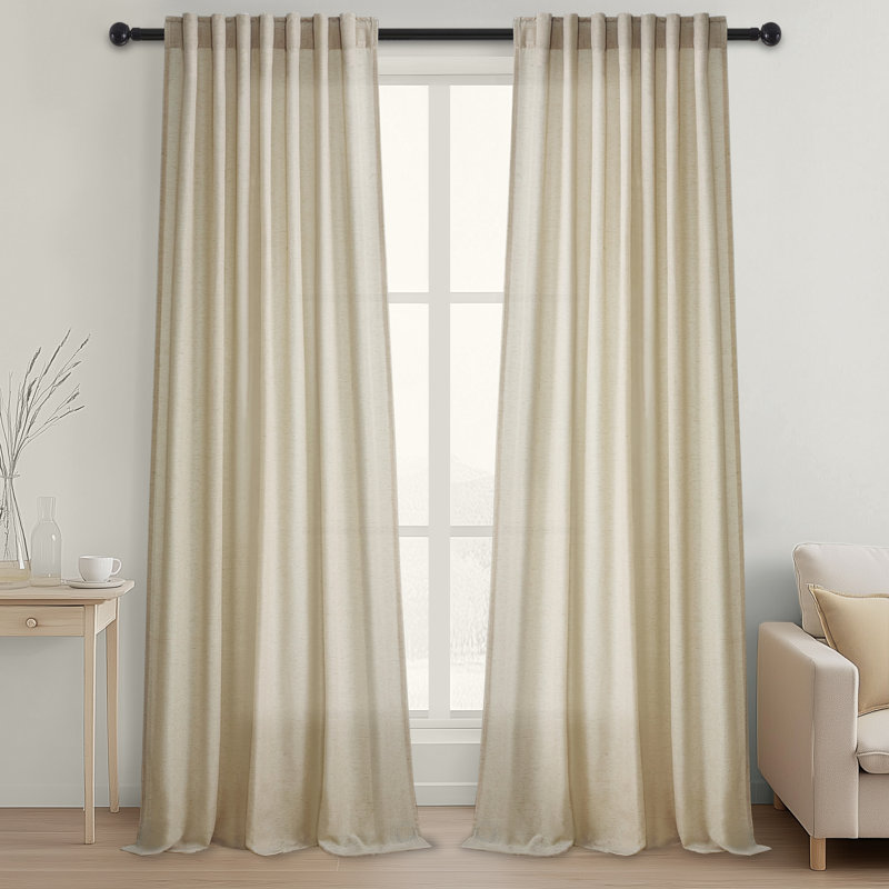 Cotton Linen Blended Light Filtering Curtain,Back Tab Hooks  Drapes (Set of 2,With Hooks), Natural, 52" W x 96" L
