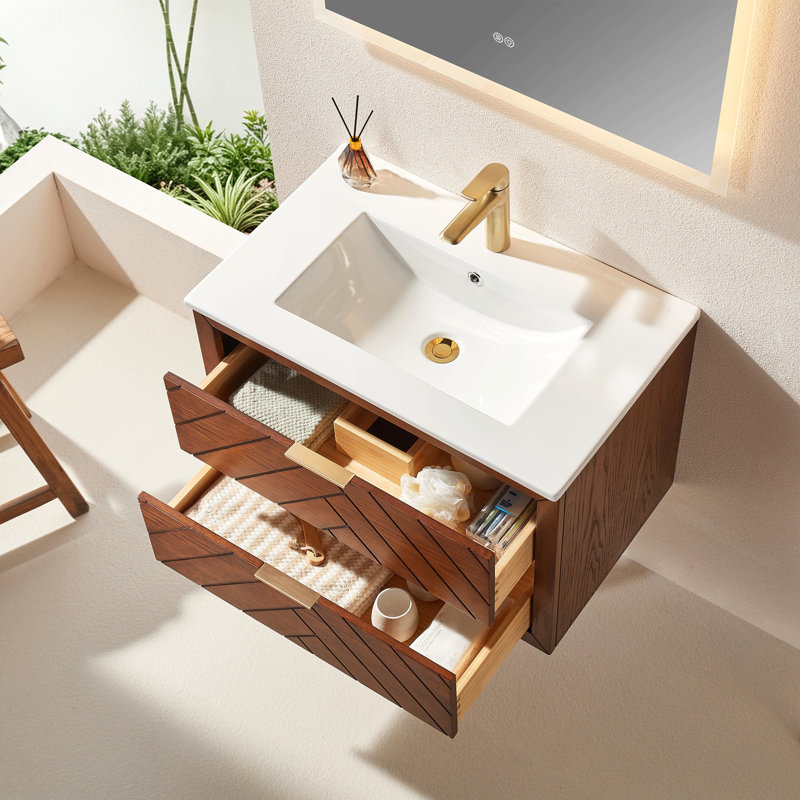 Meuble-lavabo simple mural et flottant pré-assemblé avec plateau en céramique à 1 trou, 30"