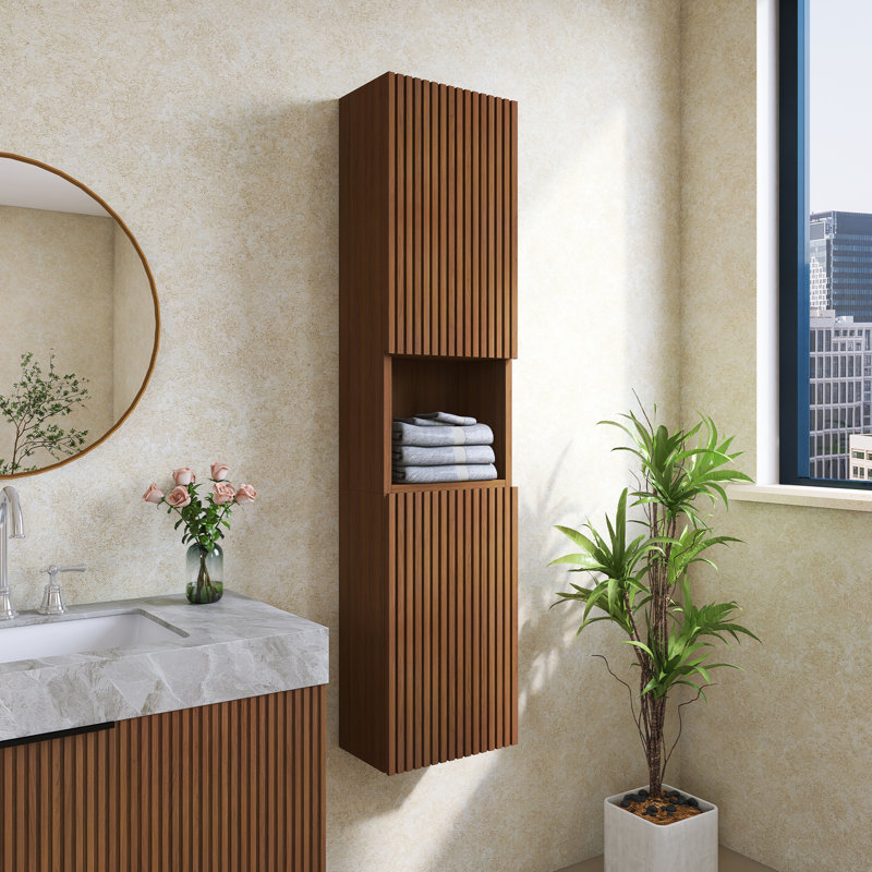 Armoire murale de 59 po de hauteur pour salle de bain, armoire de rangement étroite avec portes et tablettes, convient aux petits espaces, couleur grain de bois chêne brun