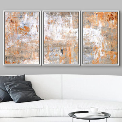 Triptych Abstract Orange Grunge Brushstrokes 3 Pieces Artwork Print Living Room Canvas Wall Art