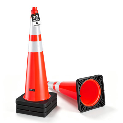 Cônes de signalisation routière de 91 cm (36 pouces) en PVC souple orange, pour la signalisation routière ou la gestion de la circulation, base noire lestée, collerette réfléchissante visible la nuit, robustes et faciles à ranger.