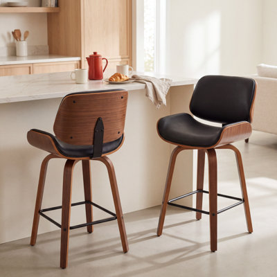 Mid-Century Modern Bentwood Swivel Counter Stool with Leather Upholstered Seat Walnut Finish Metal Footrest