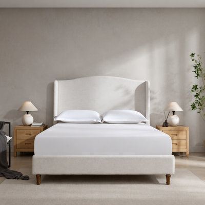 Grand lit à oreilles tapissier avec tête de lit de 54 po de hauteur, toile de chenille ivoire, cadre de lit de chambre de luxe