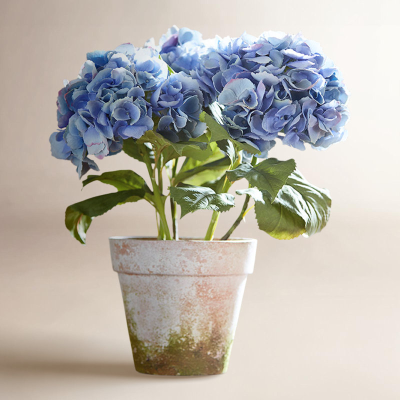 Arrangement floral de faux hortensias en pot, Bleu