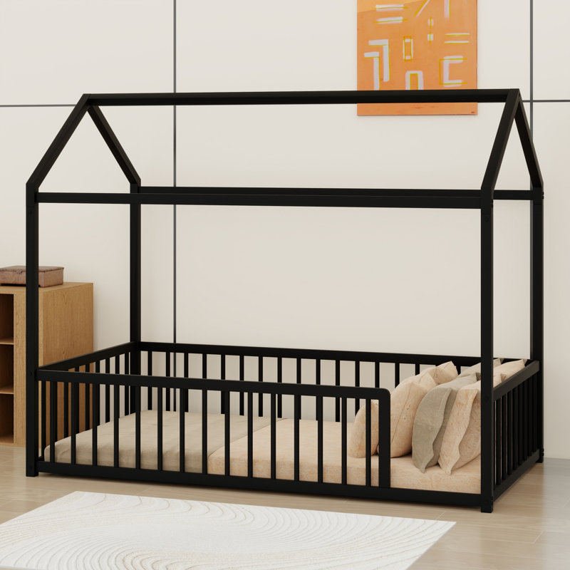 Low Profile House Bed With And Enclosed Fence, Twin, Black
