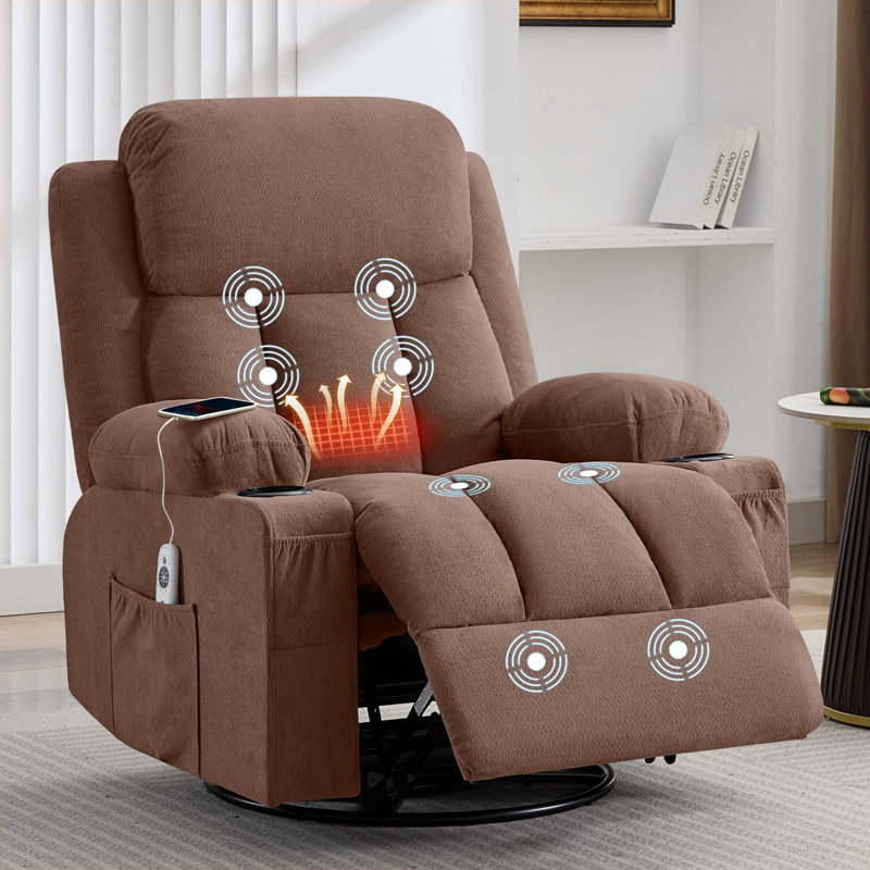 Swivel Rocker Recliner Chair with Vibration Massage and Heat for Living Room ,with Rocking Function and Side Pocket, USB Charge Port,2 cup holders