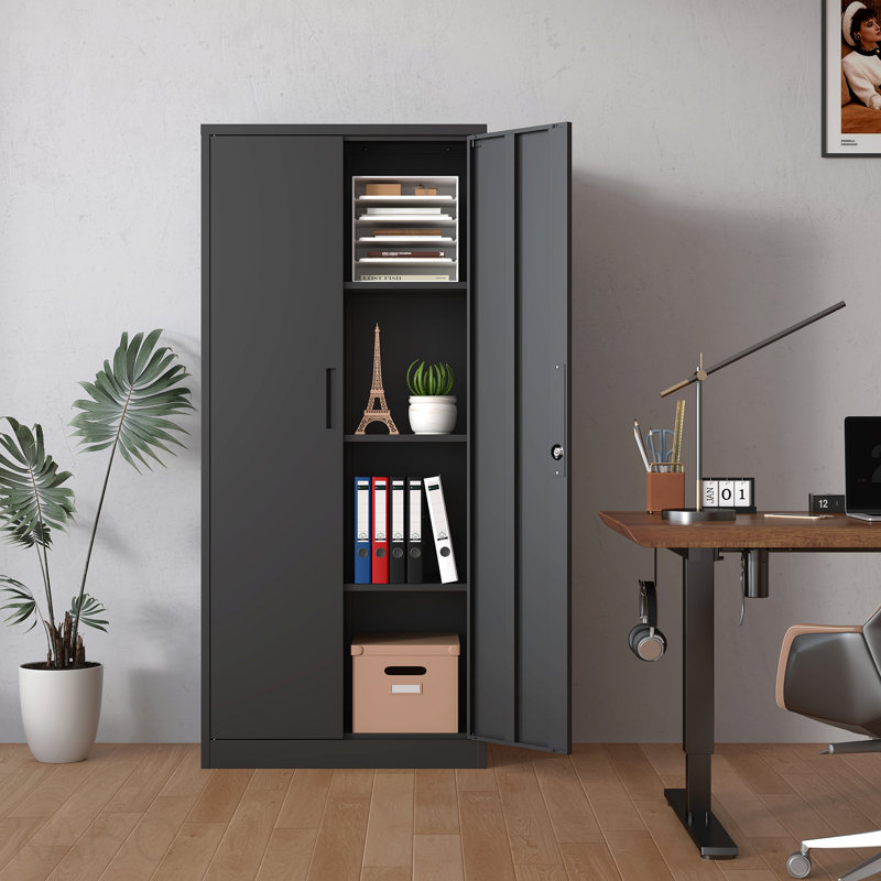 71"H Metal Garage Storage Cabinet, Black Tool Steel Locking Cabinet With Doors And 3 Shelves, Tall Cabinets For Garage Storage Systems Lockable File Cabinet For Home Office, Classroom/Pantry