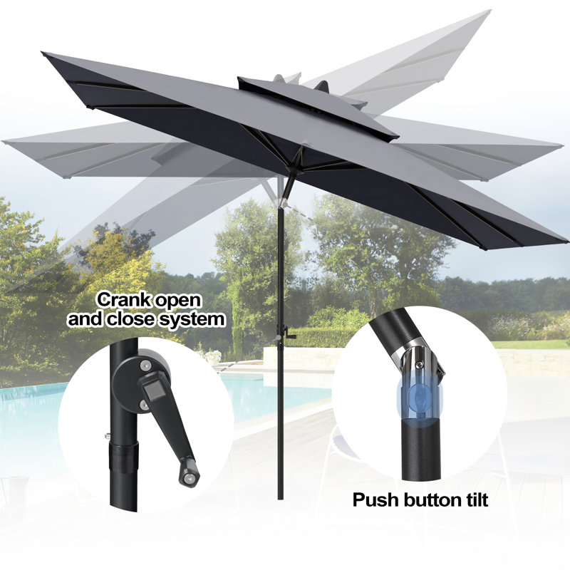 Ensemble repas pour 6 personnes en aluminium avec chaises empilables, parasol de patio et base lestée, Gris foncé, Noir