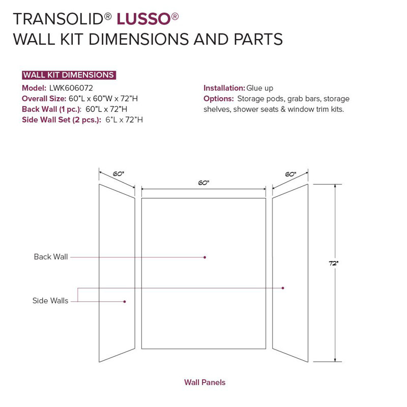 Ensemble de mur de douche à coller 3 pièces 60 po x 60 po x 72 po Transanca Lusso, Bellanca, Bellanca