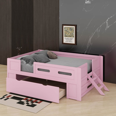 Bed Frame With Storage Drawers, Solid Wood Platform Bed With Guardrail, Ladder