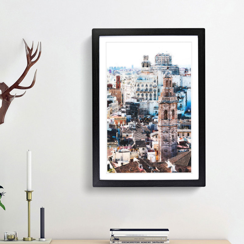 Valencia Skyline in Spain - Framed Print, 63cm H x 45cm W x 2cm D, Black Framed