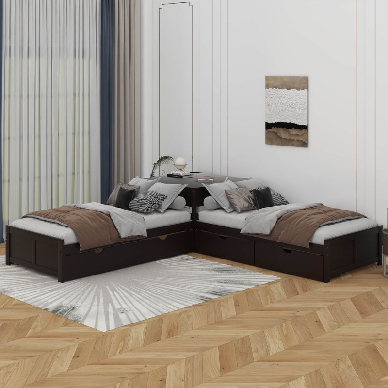Lit plateforme simple en L avec lit gigogne et tiroir, Espresso