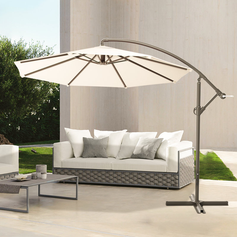Parasol suspendu d'extérieur 8,5 pi avec base en croix et système d'inclinaison, Beige