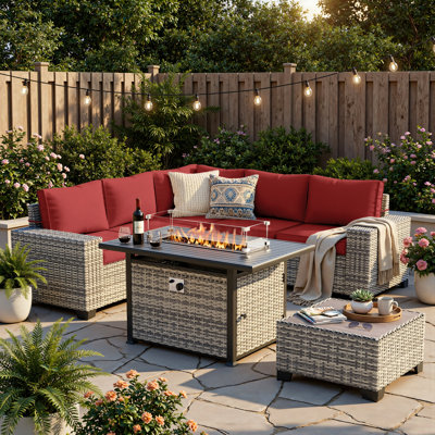 7-Piece HDPE Wicker Patio Sectional Set With Fire Pit Table, Cushioned Outdoor Conversation Set