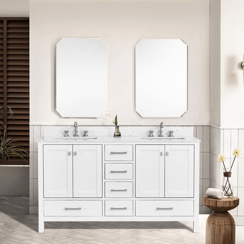 Meuble-lavabo de 60 po avec lavabo double, structure autoportante en bois massif, glissières à fermeture en douceur, blanc léger pour un tiroir tendance, silencieux