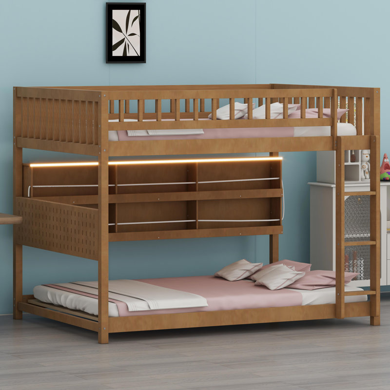 Space-Saving Bunk Bed Featuring Integrated Storage, Mood Lighting And Pegboard Panel, Full Over Full, Brown