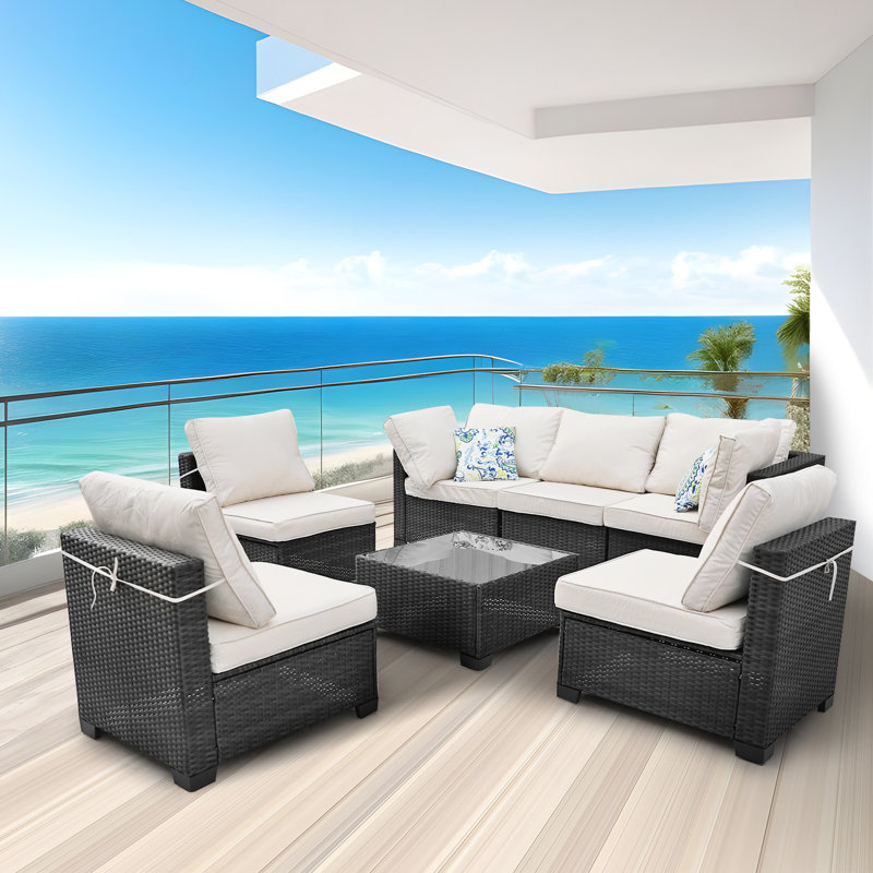 7 Piece Pe Wicker Patio Sectional Sofa Set, Weatherproof & Lightweight For Outdoor,balcony, Garden, Poolside, Includes Splashproof Cushions