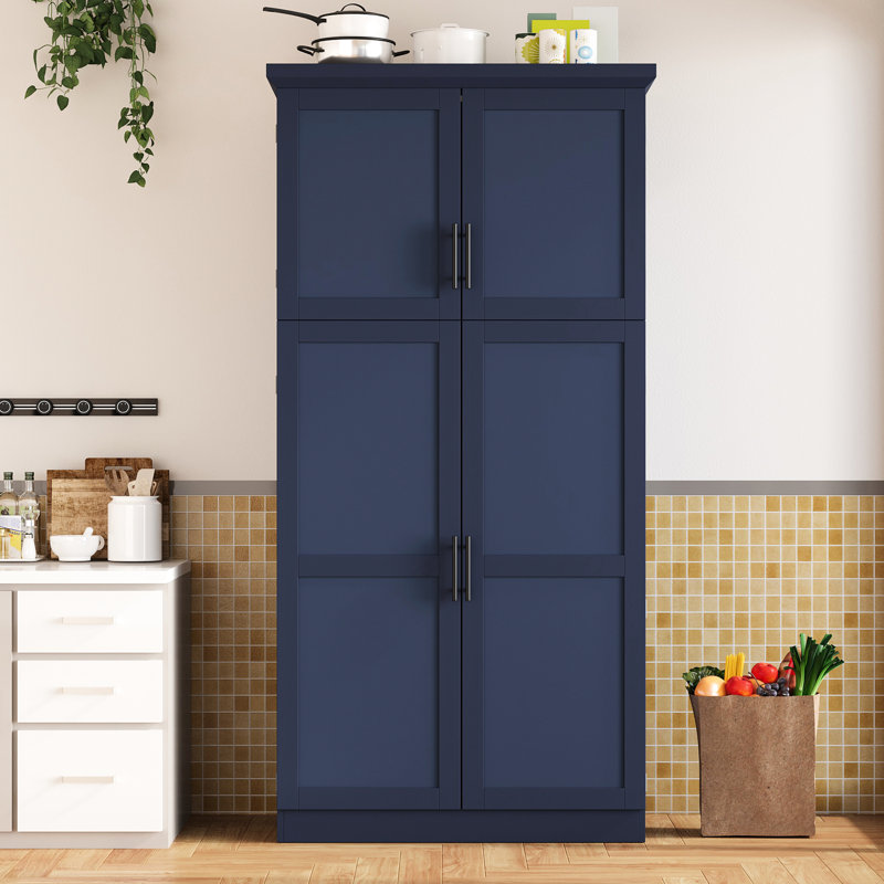 Armoire de rangement autoportante bleue avec 4 portes, 2 tablettes de porte intégrées et 3 tablettes réglables pour une salle à manger profonde de 17,6 pouces et 8 plateaux coulissants d'épicerie