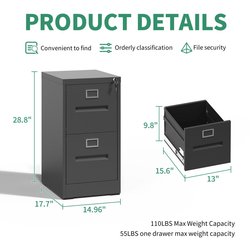 Black Vertical 2 Drawer Lockable Metal File Cabinet