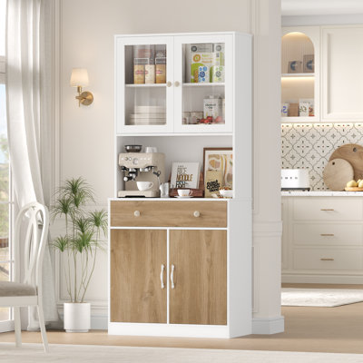 70.9" Tall 3-in-1 Kitchen Pantry, Top Glass Display Cabinet, Middle Coffee Station With Hole, Bottom 3 Large Drawers by Latitude Run